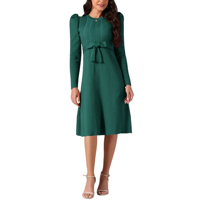 Vestidos de suéter de manga larga con volantes para mujer INSPIRE CHIC, cuello redondo, cintura con lazo, corte A, estilo casual, tejido de canalé, midi, 2XL, verde