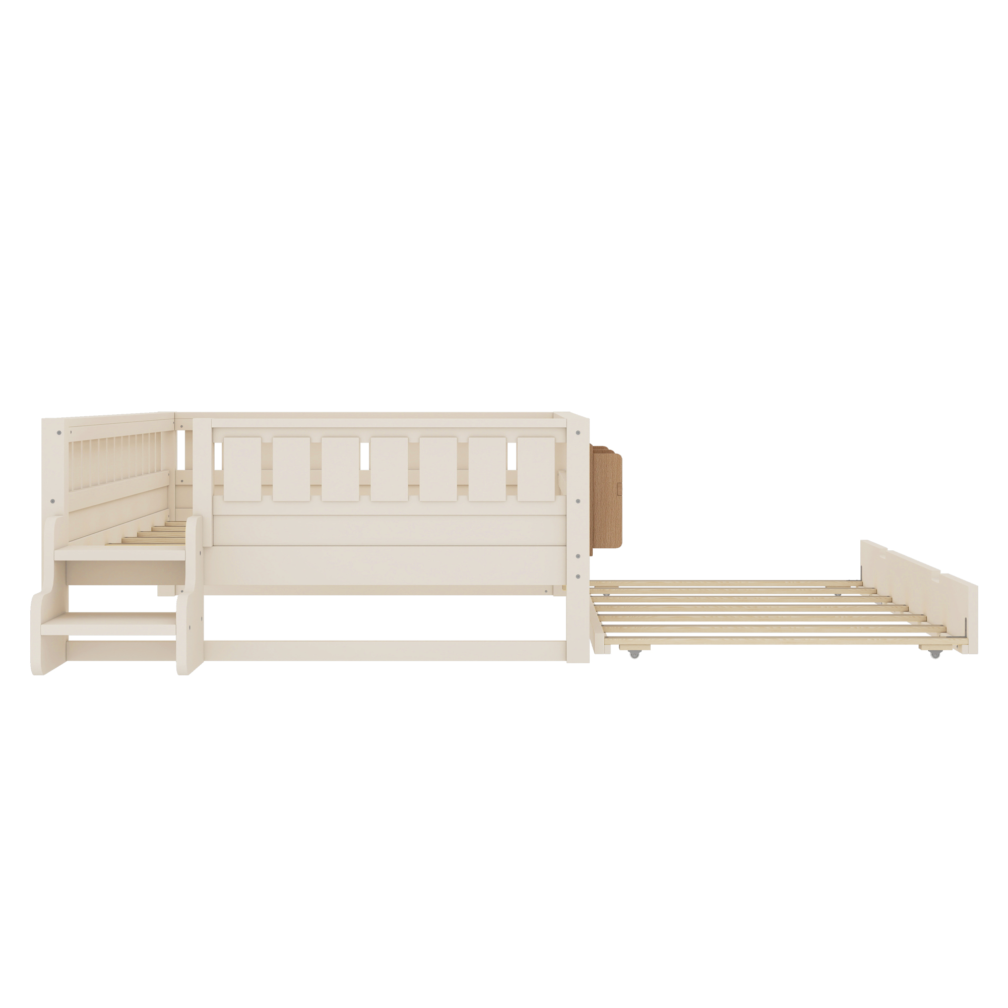 Full Bed with Bookshelf and Trundle 79.1 Inch, Solid Wood Frame with Staircase and Safety Rails, Space-Saving Kids Bed with Storage, Beige