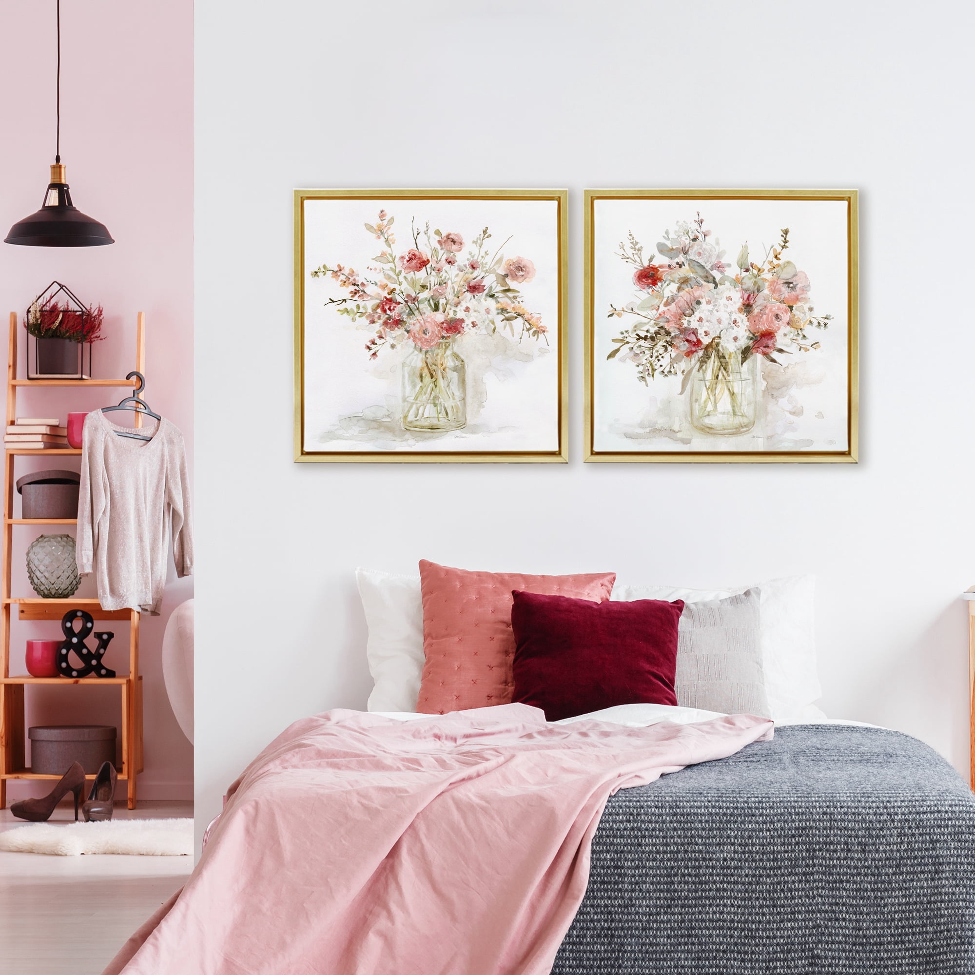 Stupell Industries Delicate Watercolor Bouquets in Glass 2 Piece Gold Framed Floater Canvas Set, design by Carol Robinson