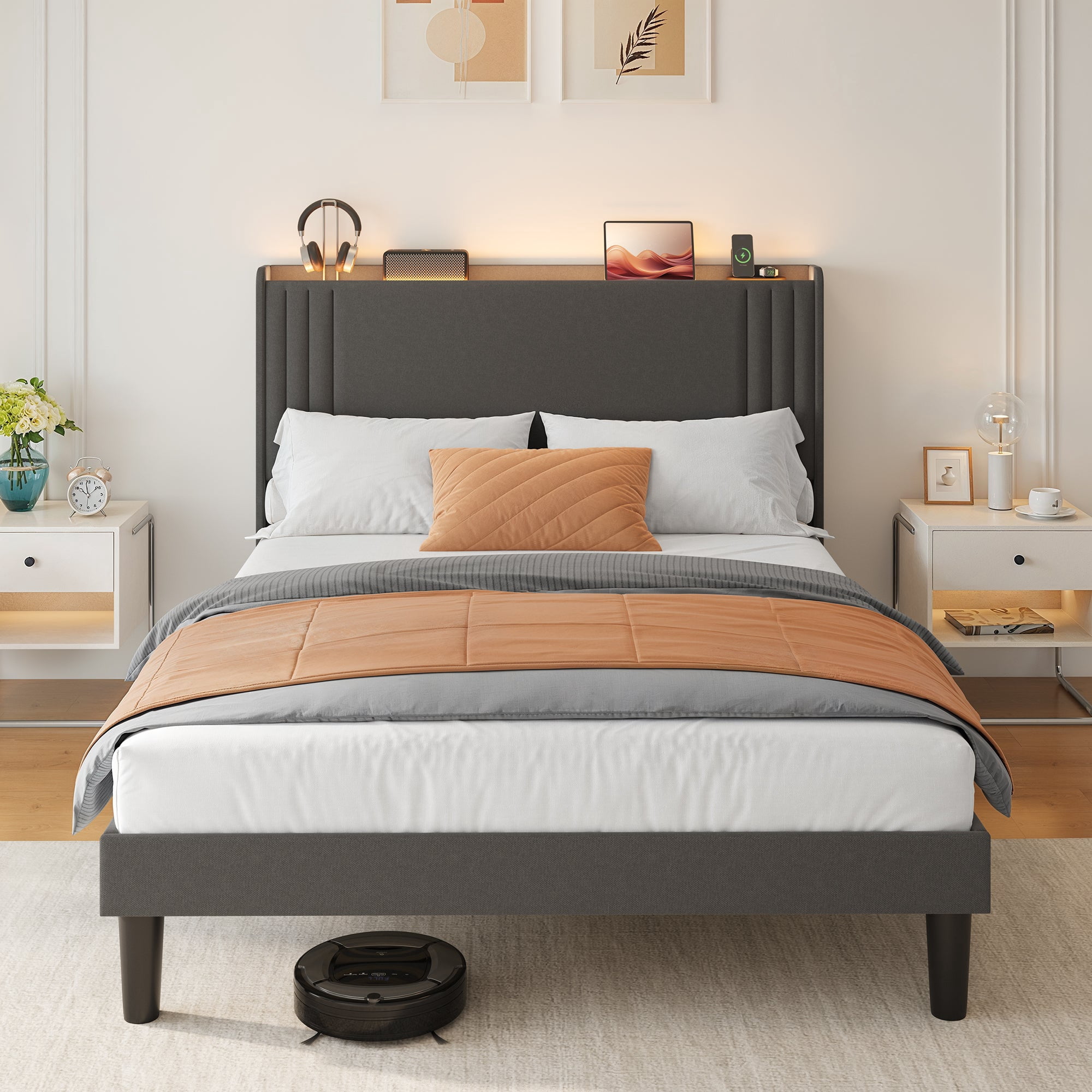Full Upholstered Platform Bed Frame with Charging Station & LED Lights, Wingback Headboard, Wood Slat Support, Noise-Free, No Box Spring Needed, Dark Gray