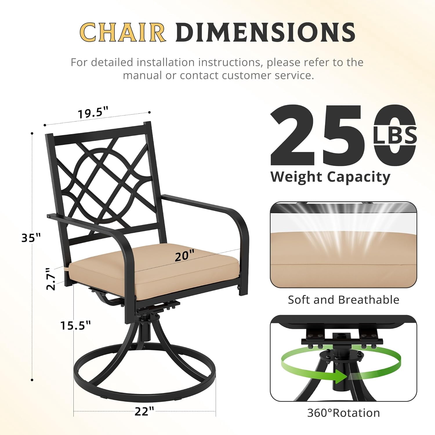 SOLAURA 7 Piece Outdoor Patio Dining Set, Metal Furniture Set: Rectangular Dining Table with Umbrella Holes & 6 Swivel Chairs for Backyard, Garden, Balcony