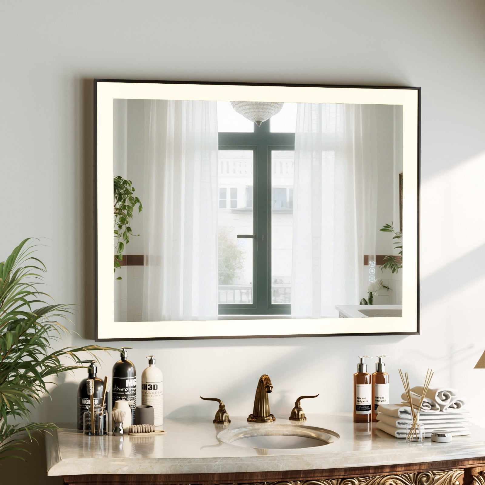 Easy4Home 36"x28" LED Lighted Bathroom Mirror Anti-Fog Vanity Wall-Mounted Mirror with Metal Frame, Black