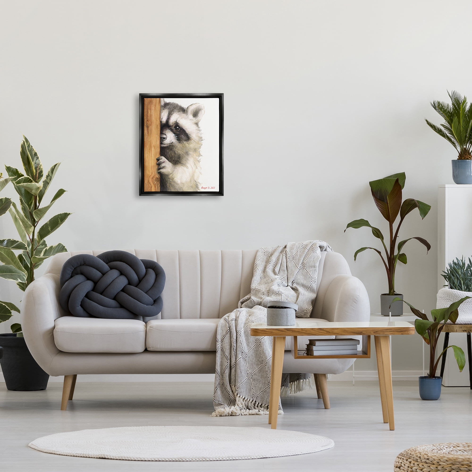 Stupell Industries Peering Raccoon Cute Smile Watercolor Animal Painting Painting Jet Black Floating Framed Canvas Print Wall Art, Design by George Dyachenko