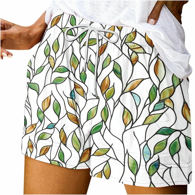 Pantalones Cortos Sueltos para Mujeres de Verano Impreso Encaje Hasta Bolsillo Elástico Pantalones Cortos Casuales Poliéster, Moda Pantalones Cortos de Verano para Uso Diario Y de Ocio