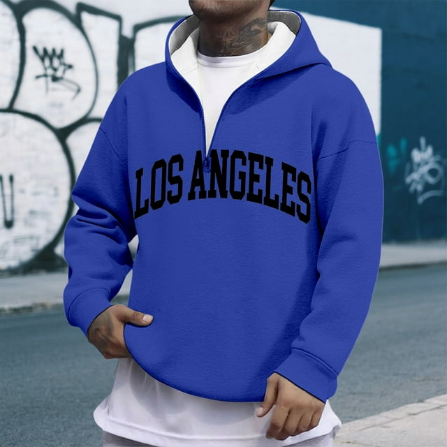 MHFRRA Sudadera con Capucha y Cremallera de Un Cuarto con Estampado de Letras, Suave y Cómoda, para Uso Informal, Sudadera Deportiva Ligera Azul