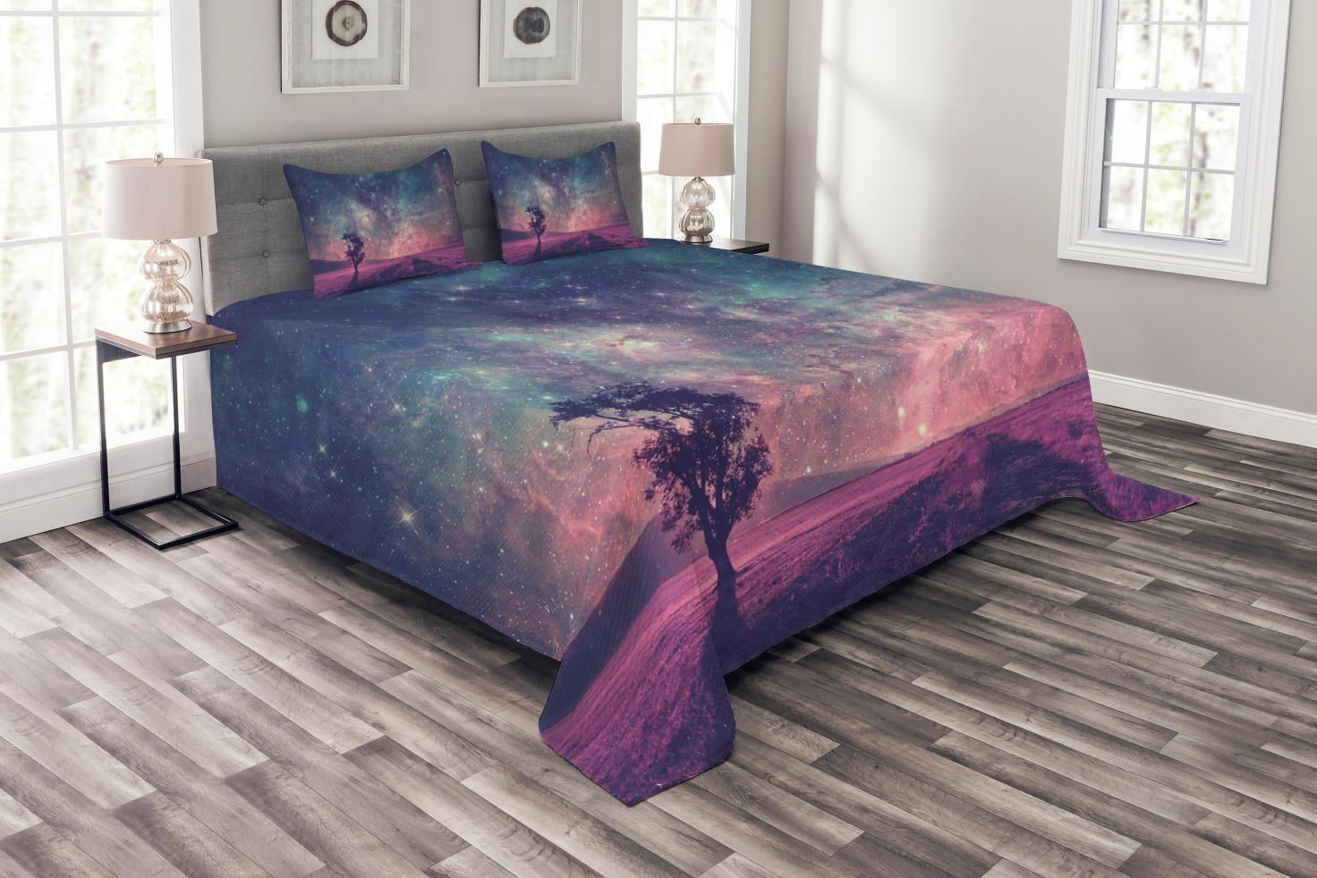 Galaxy Bedspread Set Queen Size, Lonely Tree Silhouette Magical