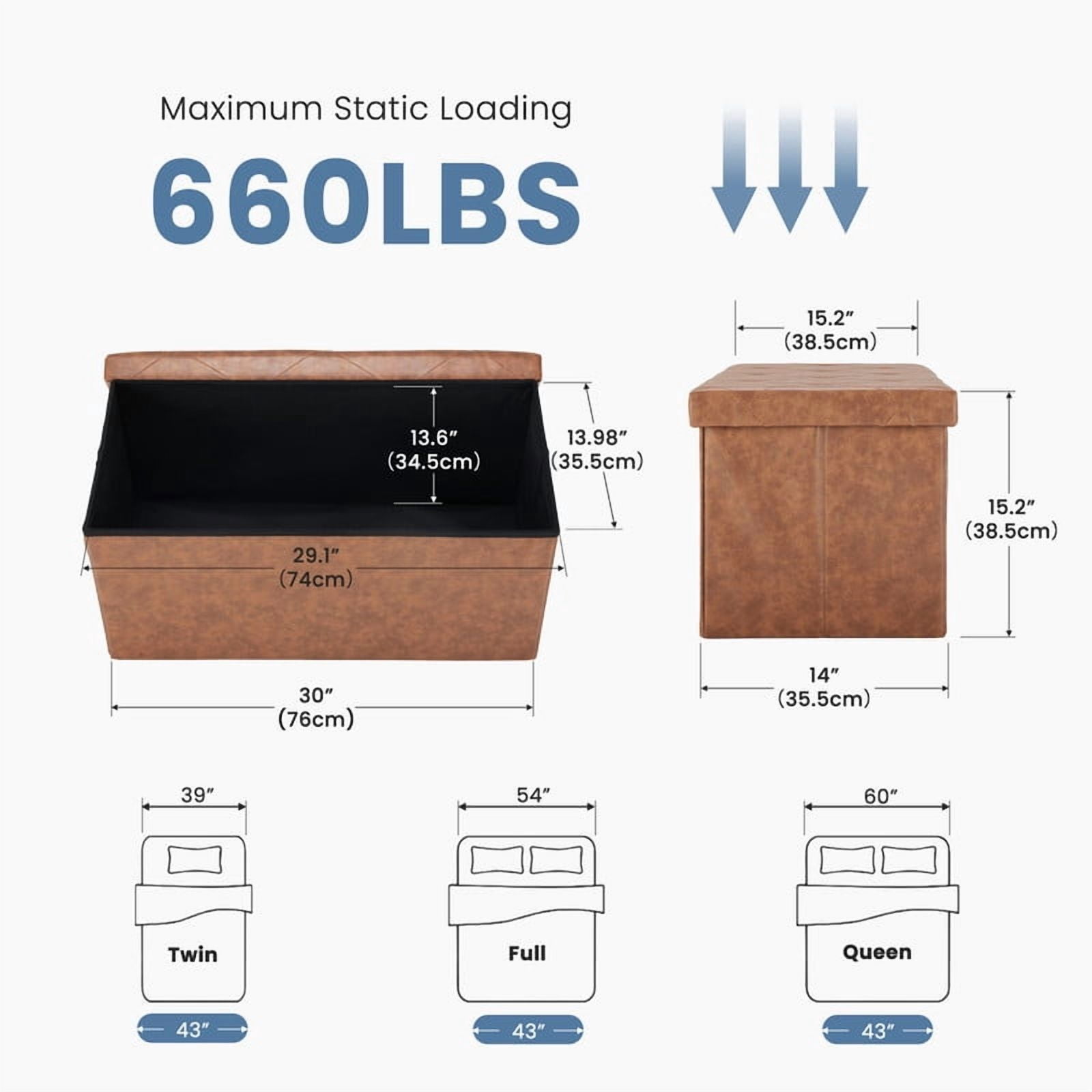 Gianna 30 Inches Folding Ottoman with Storage Bench, Foot Rest Stool, End of Bed Storage Bench Upholstered, Load 660 lbs, for Living Room, Synthetic Leather, Brown