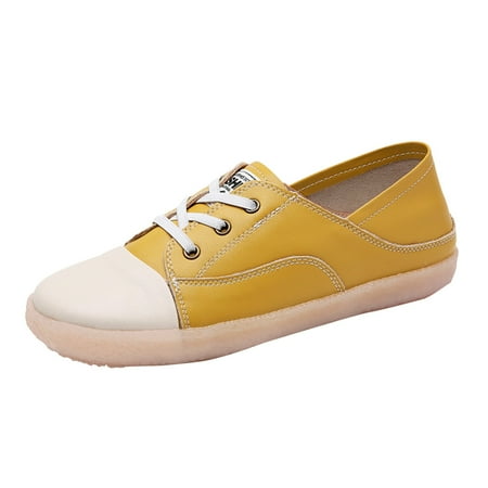 OJSFQUFP Womens Shoes Women Flat Loafers White Pu Leather Ladies Shoes Fashion and Causal Shoes Work Flats Office Shoes Women Flats Yellow 39