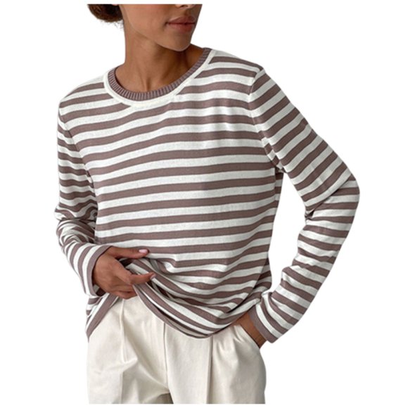 Knit Sweatshirts Women's Comfortable Stripe Long Sleeve Round Neck Sweater Tops Sweaters for Women Trendy Winter S-239 Coffee S