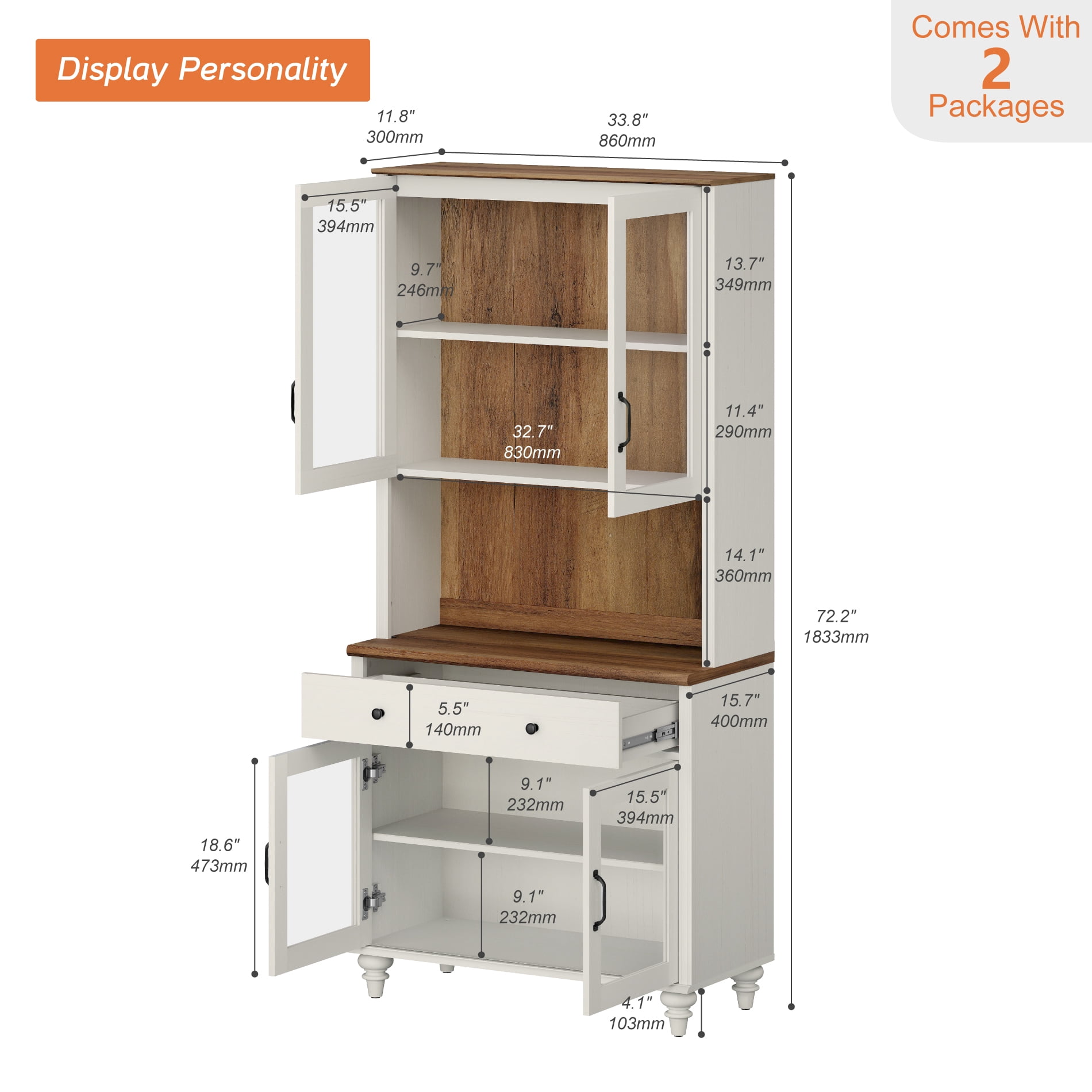72"H ×33.9"W 5-Tier Farmhouse Display Bookcase with Glass Doors, Storage Cabinet & Wood Drawer, Wooden Bookshelf for Living Room, Office, Kitchen, White