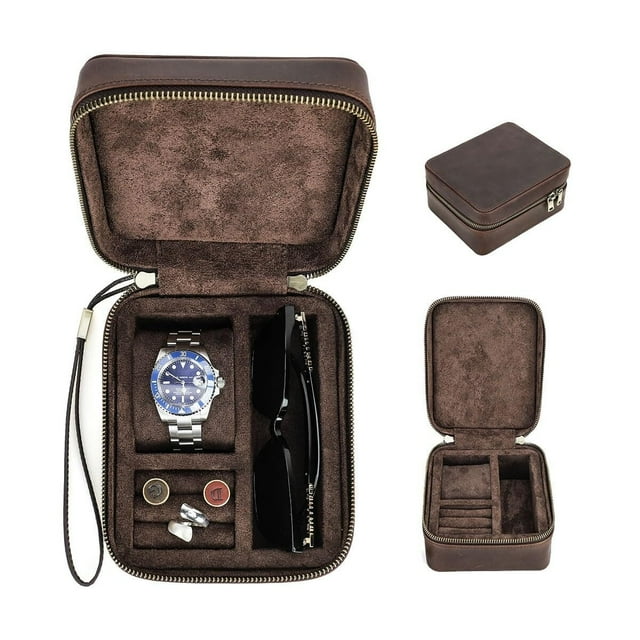Caja de gemelos de cuero, estuche para reloj, organizador de gafas para hombre Joyero de viaje con bandeja acolchada para gemelos, correas de reloj, gafas de sol, anillos y tachuelas