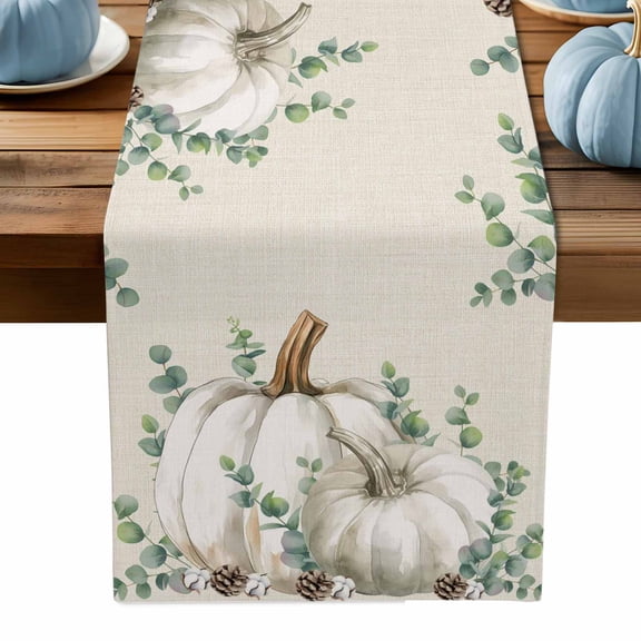 Table Runner Dresser Scarves 70 Inch Long,Thanksgiving Fall Pumpkin on Linen Linen Dining Table Runners Green Eucalyptus Leaves Tabletop Scarf for Wedding Holiday Party Kitchen