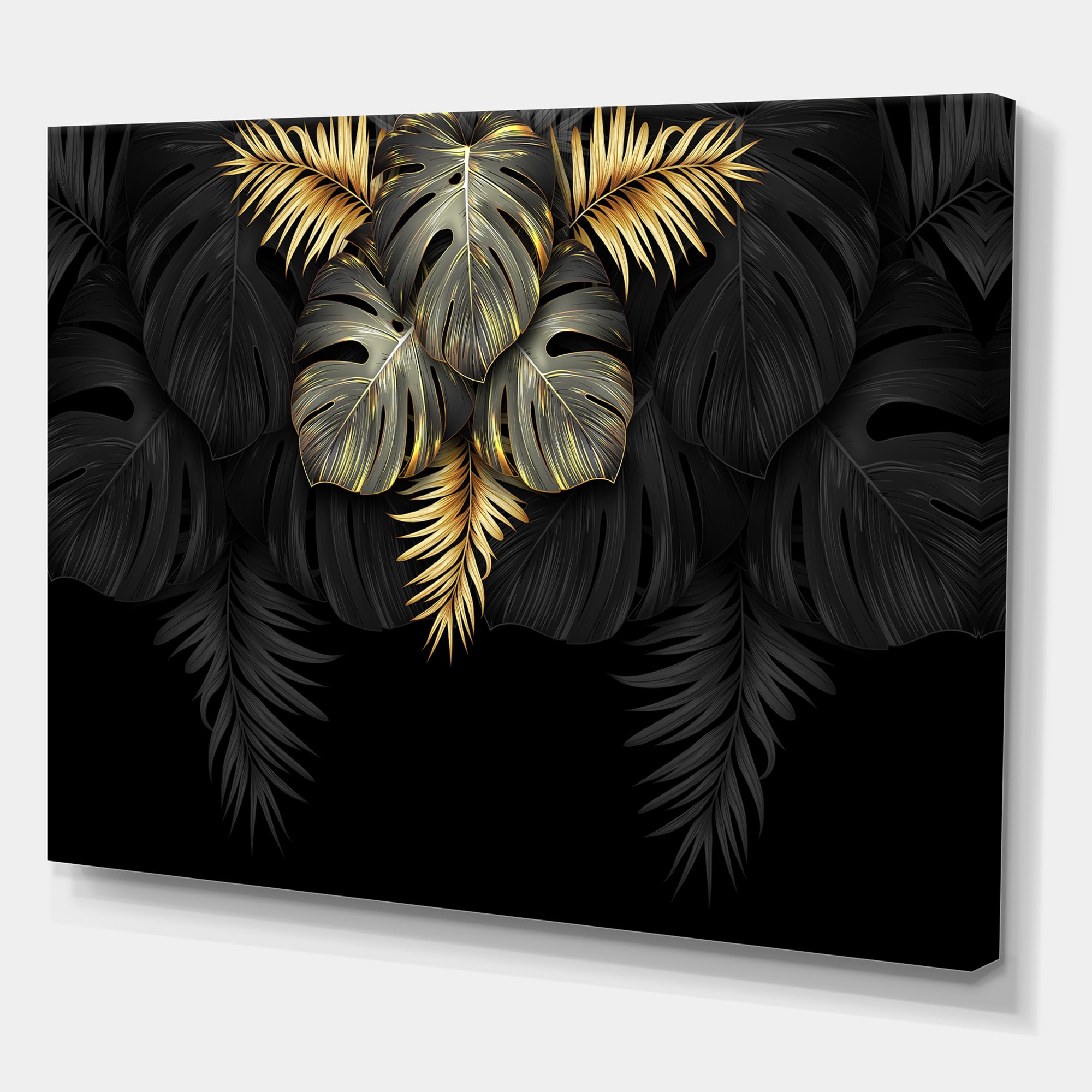 Gold and Black Tropical Leaves IV 32 in x 24 in Painting Canvas Art Print, by Designart