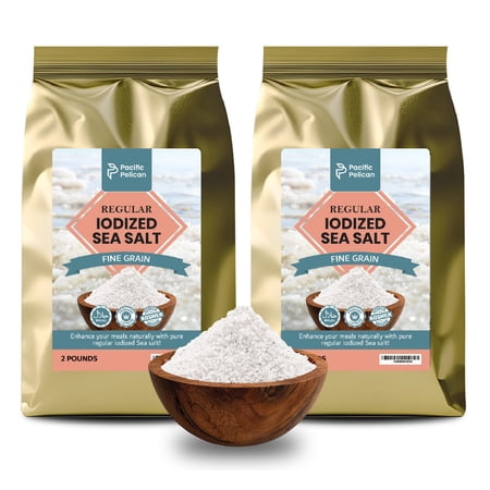 Pacific Pelican Iodized Sea Salt – Fine Grain – 2 Pounds – Pack of 2 – Unrefined Kosher, Natural Iodized, Ideal for Paleo, Keto, Vegan Diets - Pure Sea Salt for Cooking, Seasoning & Wellness
