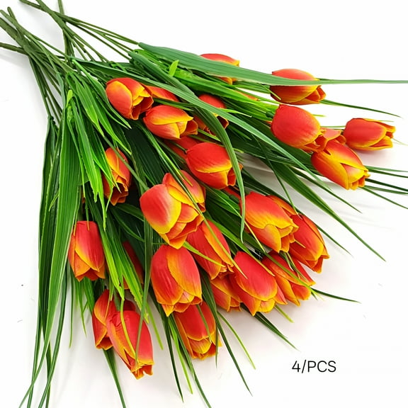 ZULAR 4 Bundles Outdoor Artificial Tulips Fake Flowers Fake Tulips UV Resistant Faux Plastic Greenery Shrubs Plants for Home Outside Garden Porch Window Farmhouse Decor,Orange
