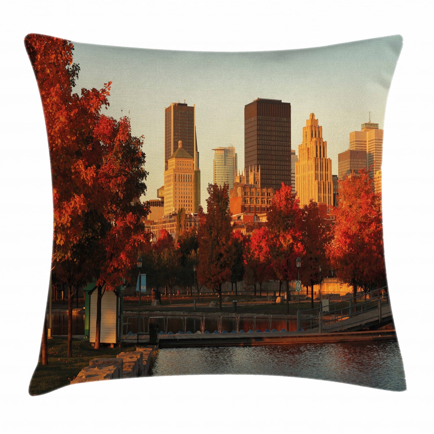 City Throw Pillow Cushion Cover, Old Port of Montreal Early in the Morning Scenic Autumn Trees