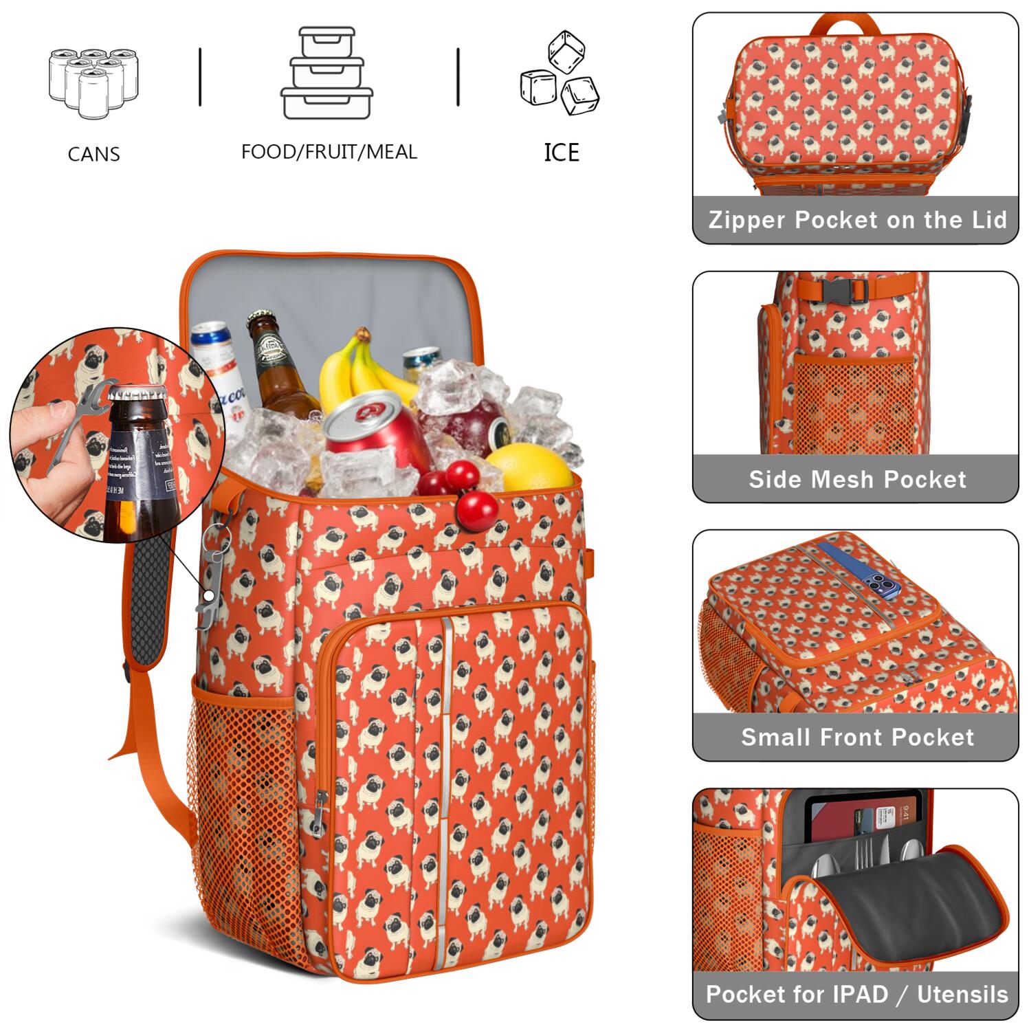 Travel Cooler Bag - Pug Dog Camping Beer Cooler Backpack with Bottle Opener- Waterproof Insulated Picnic Backpacks - Cooler Bag for Beach