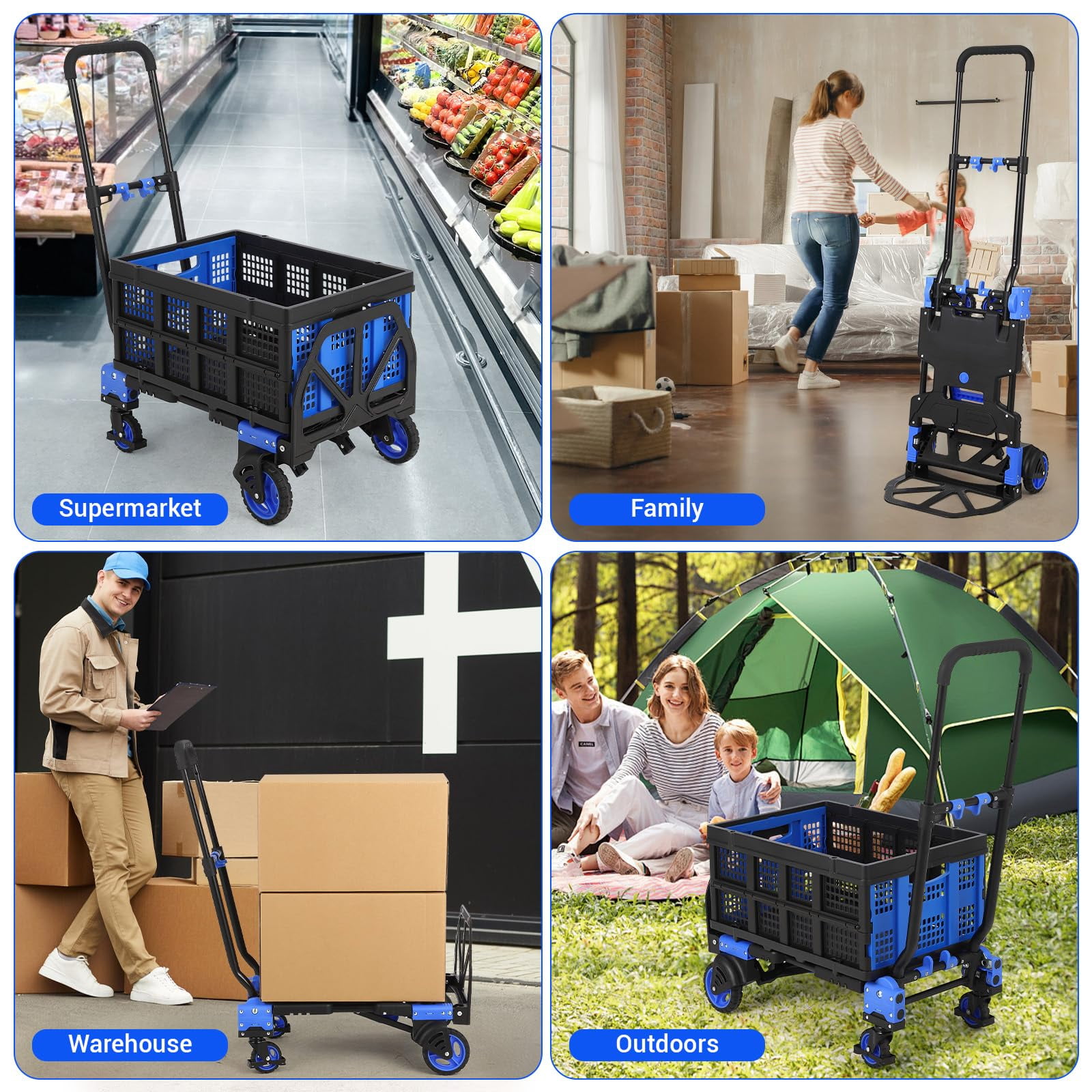 DSstyles Folding Hand Truck Dolly with Basket, 2-in-1 Heavy Duty Dolly Cart with Wheels, 330LBS Capacity Convertible Handcart with Retractable Handle and 4 Wheels for Home Office Moving