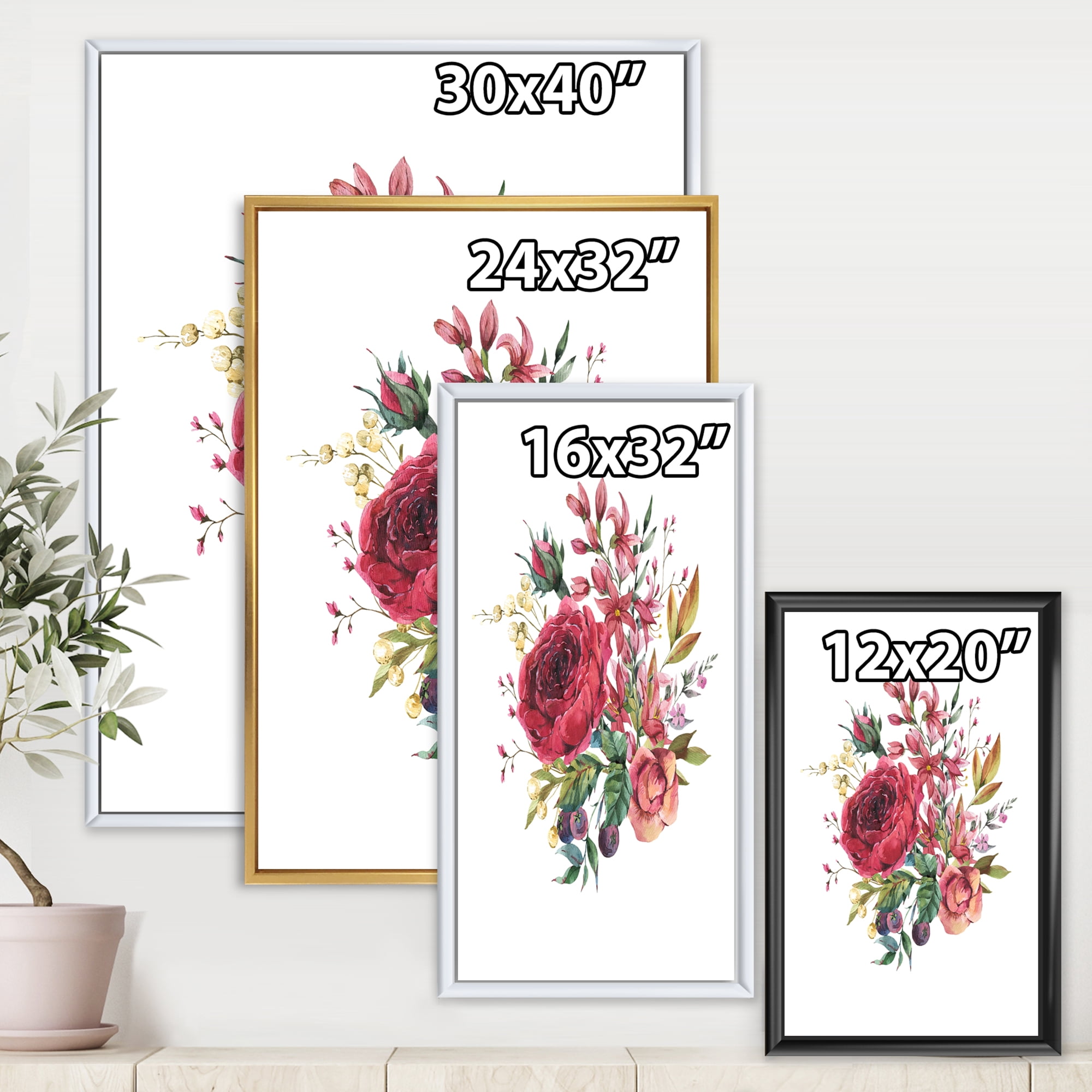 Designart 'Ancient Wildflowers and Burgundy Rose' Farmhouse Framed Canvas Wall Art Print