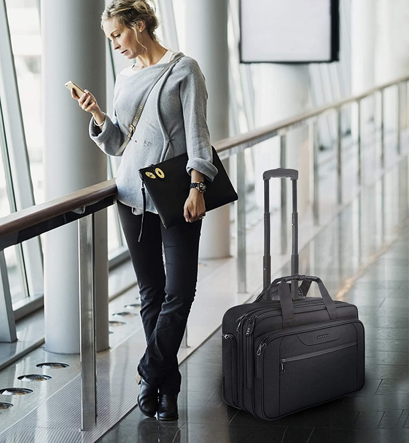 KROSER 17.3" Rolling Laptop Bag Briefcase Overnight Roller Case-Black