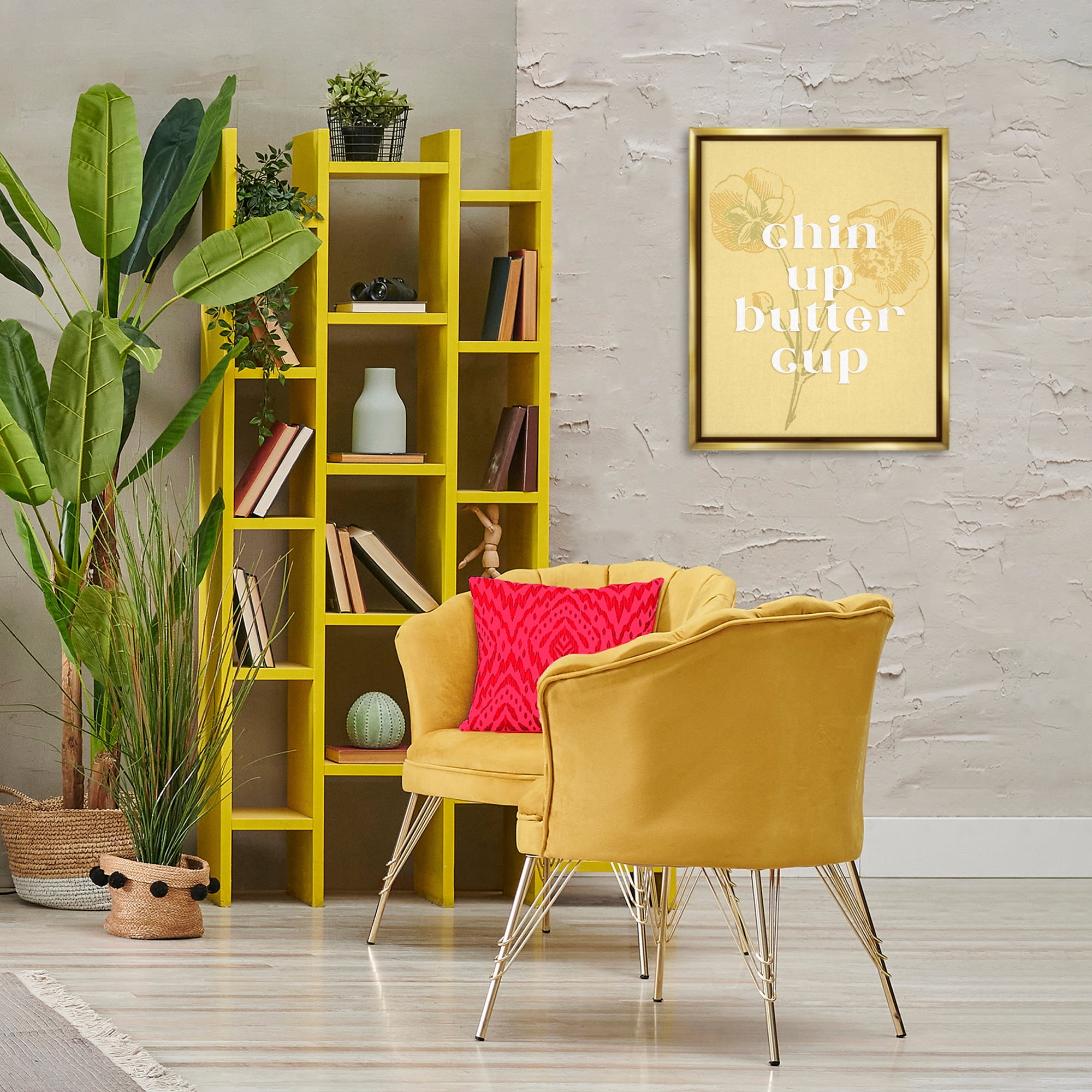 Stupell Industries Floral Chin Up Phrase Plants & Flowers Painting Gold Floater Framed Canvas Art Print Wall Art, 17 x 21