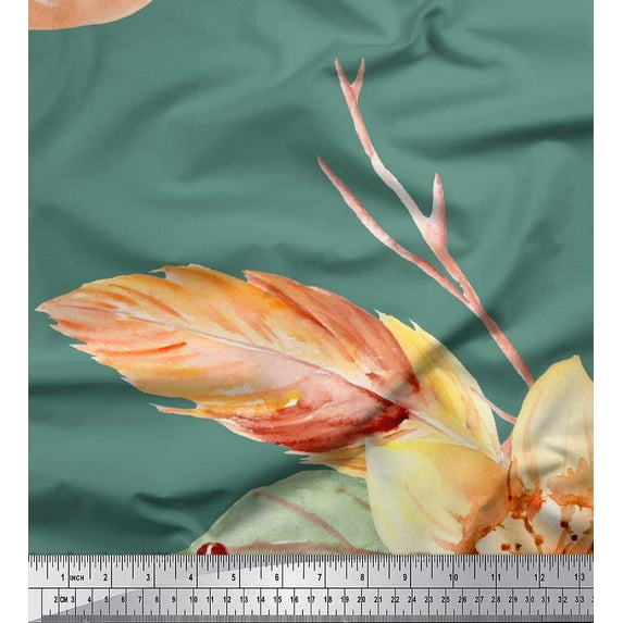 Soimoi Green Viscose Chiffon Fabric Leaves & Peach Floral Print Fabric by The Yard 42 Inch Wide