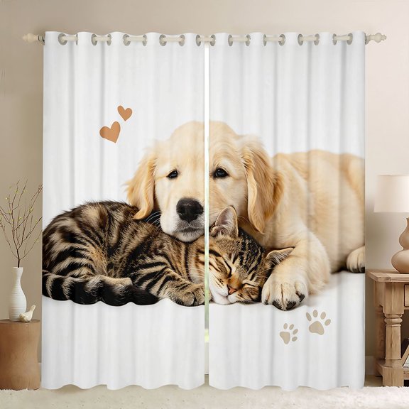 Homewish Kawaii Dog Cat Kitchen Curtains,Pet Love Theme Black Out Curtains Pack of 2 (42x63 Each),White