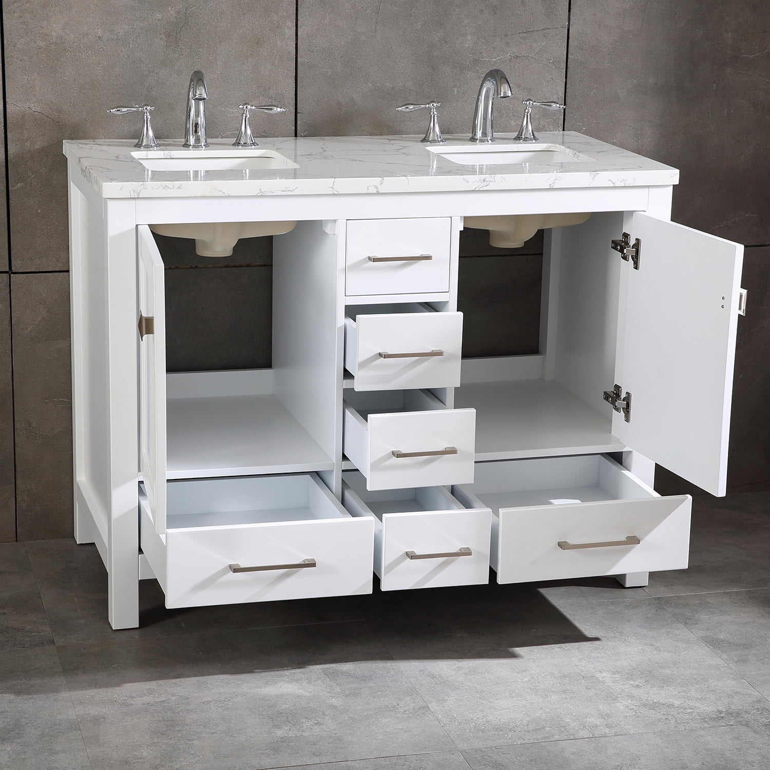 Totti Memphis 44 White Transitional Double Sink Bathroom Vanity W White Carrara Style Man Made Stone Top Walmartcom Walmartcom