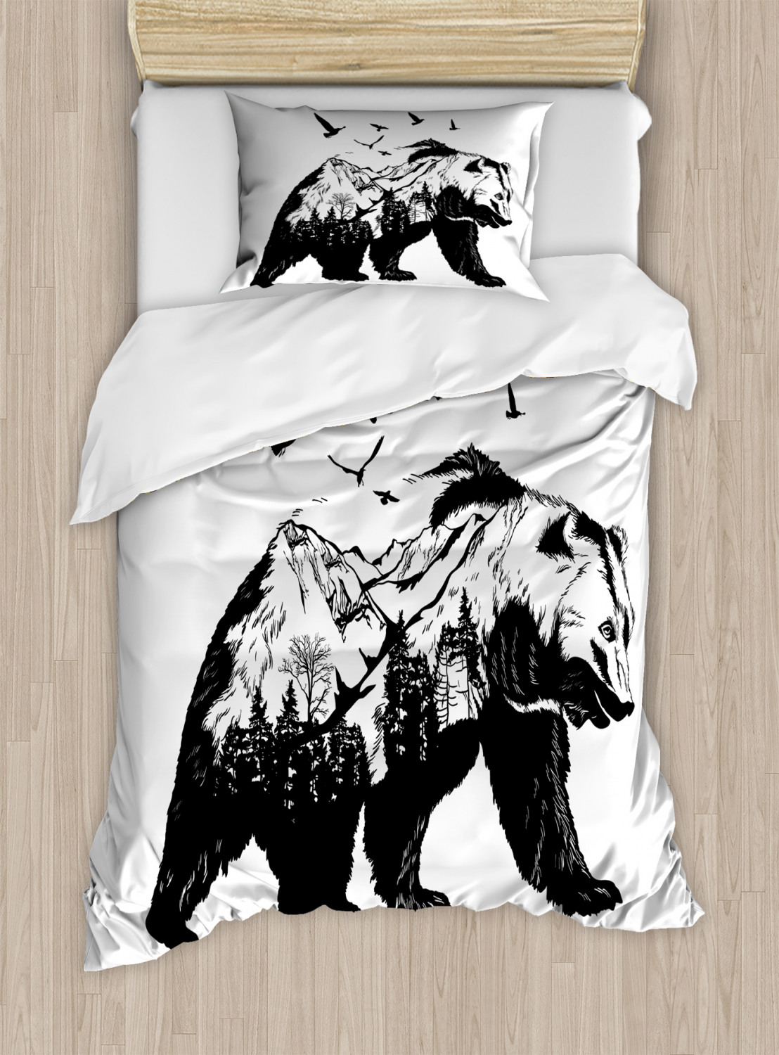 Bear Duvet Cover Set Twin Size, Mammal Silhouette with Mountain Landscape Flying Birds and