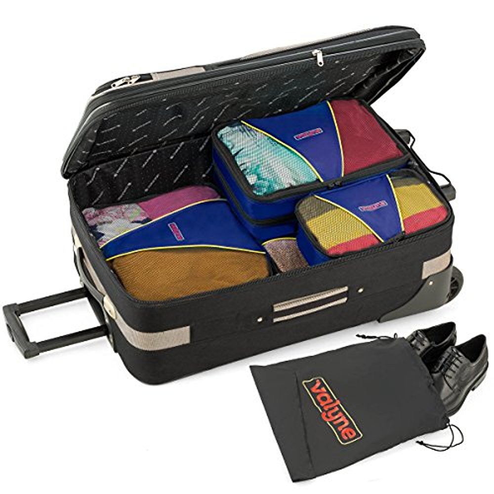 Valyne Mesh Nylon 6-pcs Packing Cubes Set, Travel Accessories Luggage Organizer Bags with Laundry /Shoe Bag (Medium Packs Double Compartment) (Dark Blue)