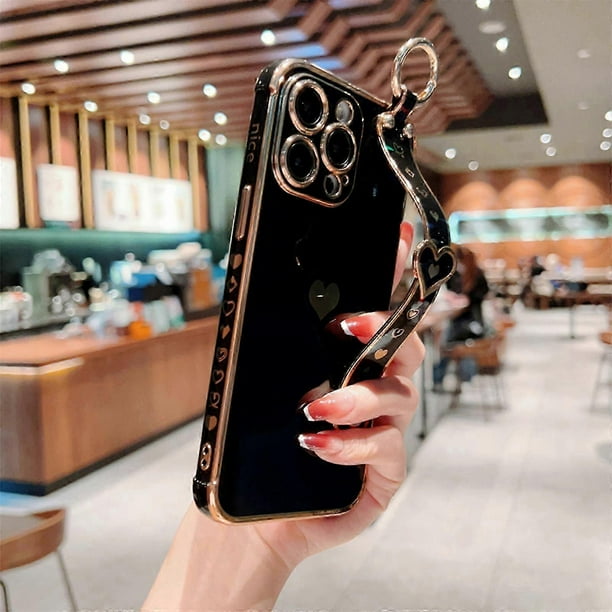 Silicone Case for iPhone 15 Pro Max/15 Ultra With Wristband Cute Love-heart Plating 15 Pro Max Case Shockproof