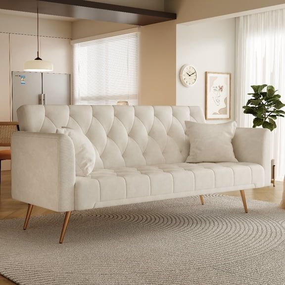 Oufan 71" American Convertible Sofa, Velvet Loveseat with Adjustable Backrest & Metal Legs, 2-Seater Couch for Living Room, Apartment, Beige