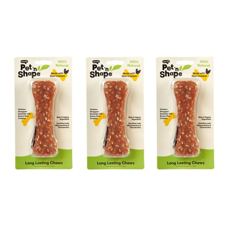 Pet 'n Shape All Natural Long Lasting Chewz Compressed Rawhide wrapped with Chicken and Rice Dog Treat, Bone, 6 Inch, 3
