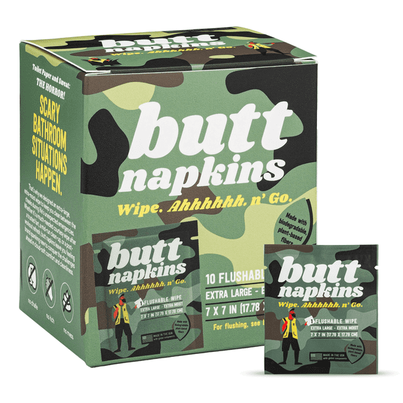 Hunting Butt Napkins, 10 Individually Wrapped, Water-Based Flushable Wipes, Unscented