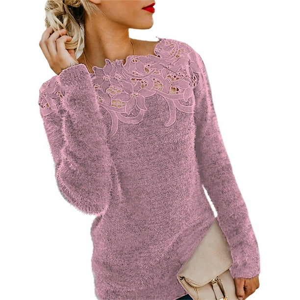 Lallc Women's Plus Size Lace Tops Long Sleeve Knitted Pullover