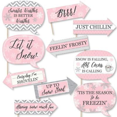 Funny Pink Winter Wonderland - Holiday Snowflake Birthday Party and Baby Shower Photo Booth Props Kit - 10 Piece