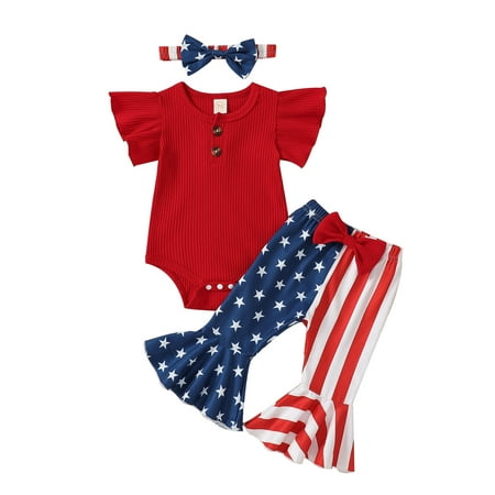 

Bagilaanoe 4th of July Clothes for Newborn Baby Girls Fly Sleeve Romper Tops + Striped Flared Trousers + Headband 3M 6M 12M 18M Infant Independence Day Outfits 3pcs Long Pants Set