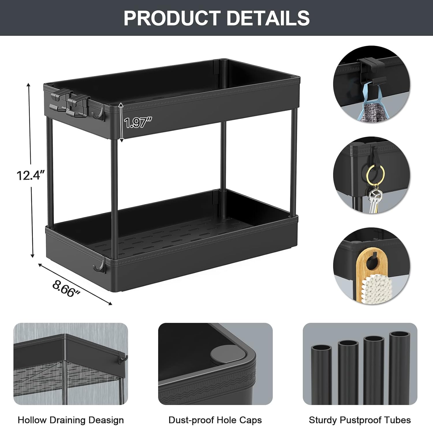 LLMRR 2 Pack Under Sink Organizer, Bathroom Cabinet Organizer, Under Sink Organizers and Storage, Kitchen Cabinet Organizer with Hooks for Kitchen, Bathroom, Black, 2 Pack