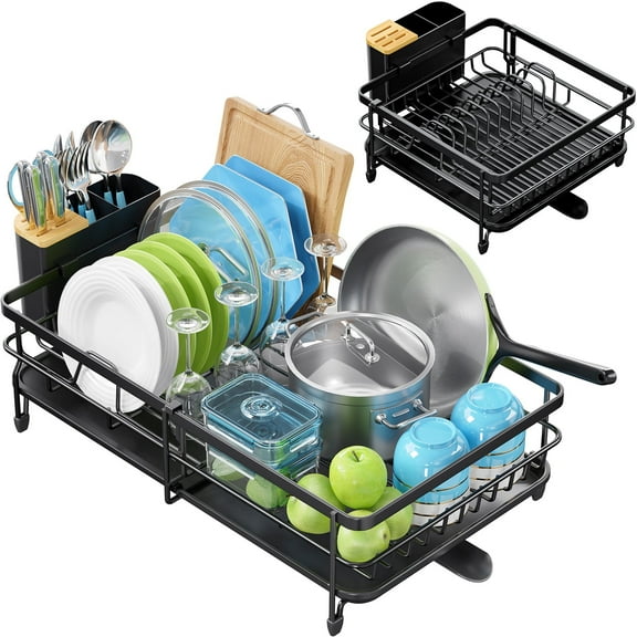 KK KINGRACK Dish Drying Rack, Expandable Dish Drainer with Utensil Holder for Kitchen Organizer, Black