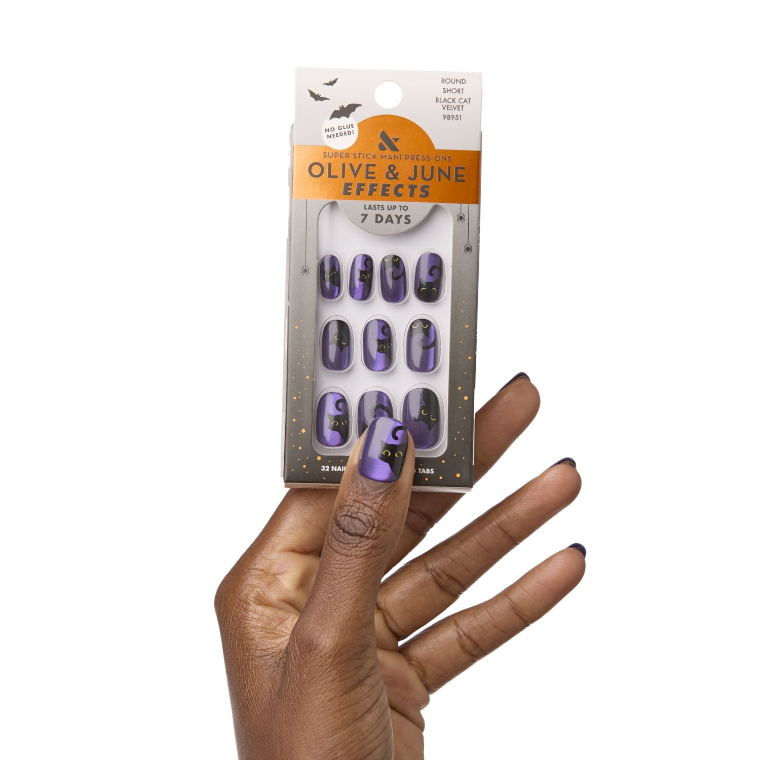 Olive & June Super Stick Effects Short Round Press-on Nails, Black Cat Velvet, 32 Pieces