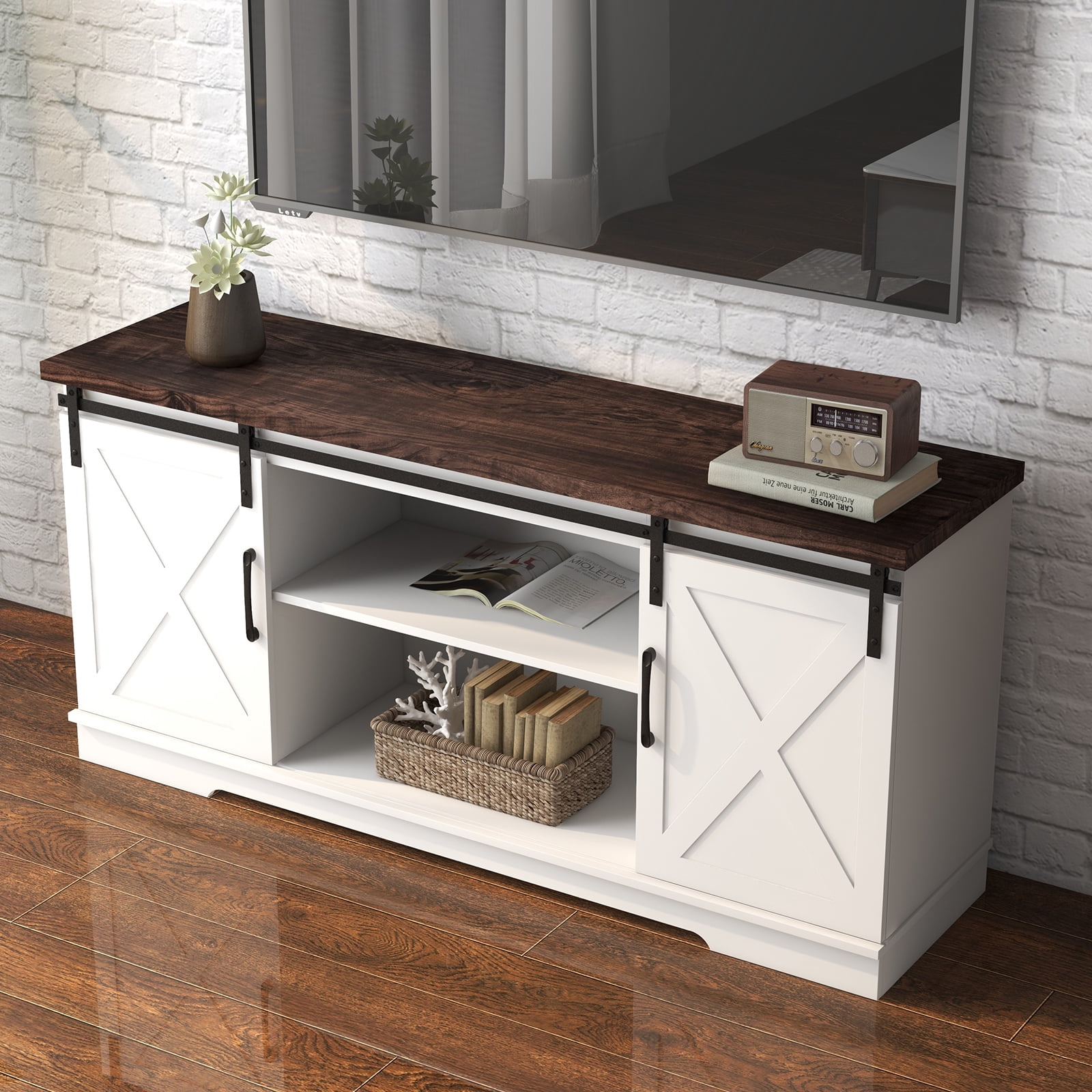 DSstyles Farmhouse Sliding Barn Door TV Stand for 65 inch TV, White Entertainment Center, 58 inch TV Console Table, Home Living Room Wood TV Stand with Movable Shelf