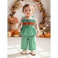 thumbnail image 5 of Loicainy Baby Toddler Kids Girl Halloween Outfit 6 9 12 18 24 Months 2T 3T 4T 5T Pumpkin Embroidery Smocked Tie-up Spaghetti Strap Tops Solid Wide Leg Pants Clothes Set, 5 of 9