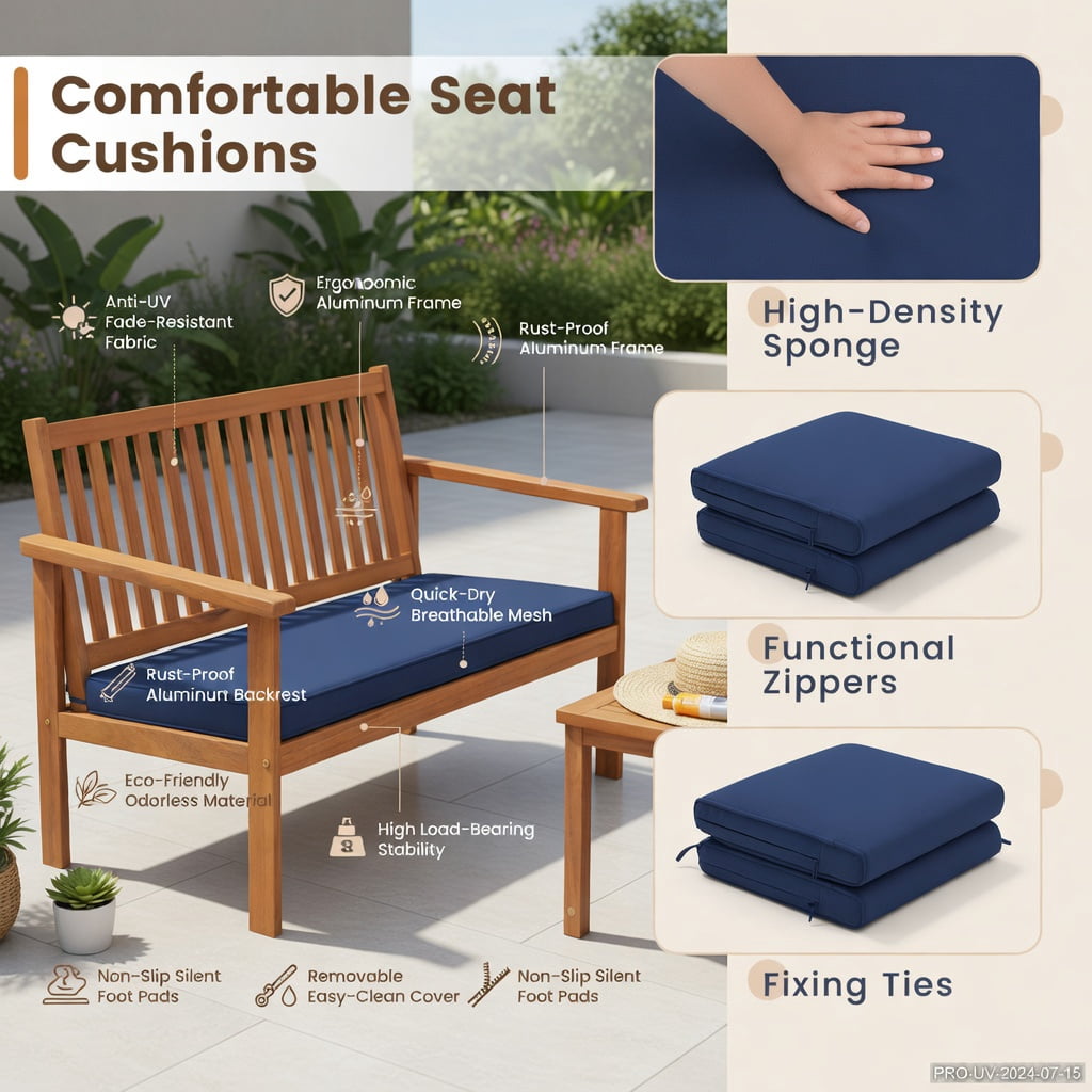 Hommoo 4-Piece Acacia Wood Patio Furniture Set, Cushioned Loveseat, 2 Chairs, Coffee Table for Backyard, Poolside & Porch, Navy