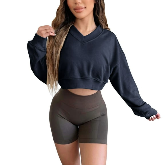 Women's V Neck Short Sweatshirts Modal Soft Cropped Pullover Long Sleeve Crop Top Cute Loose Fit Hoodies