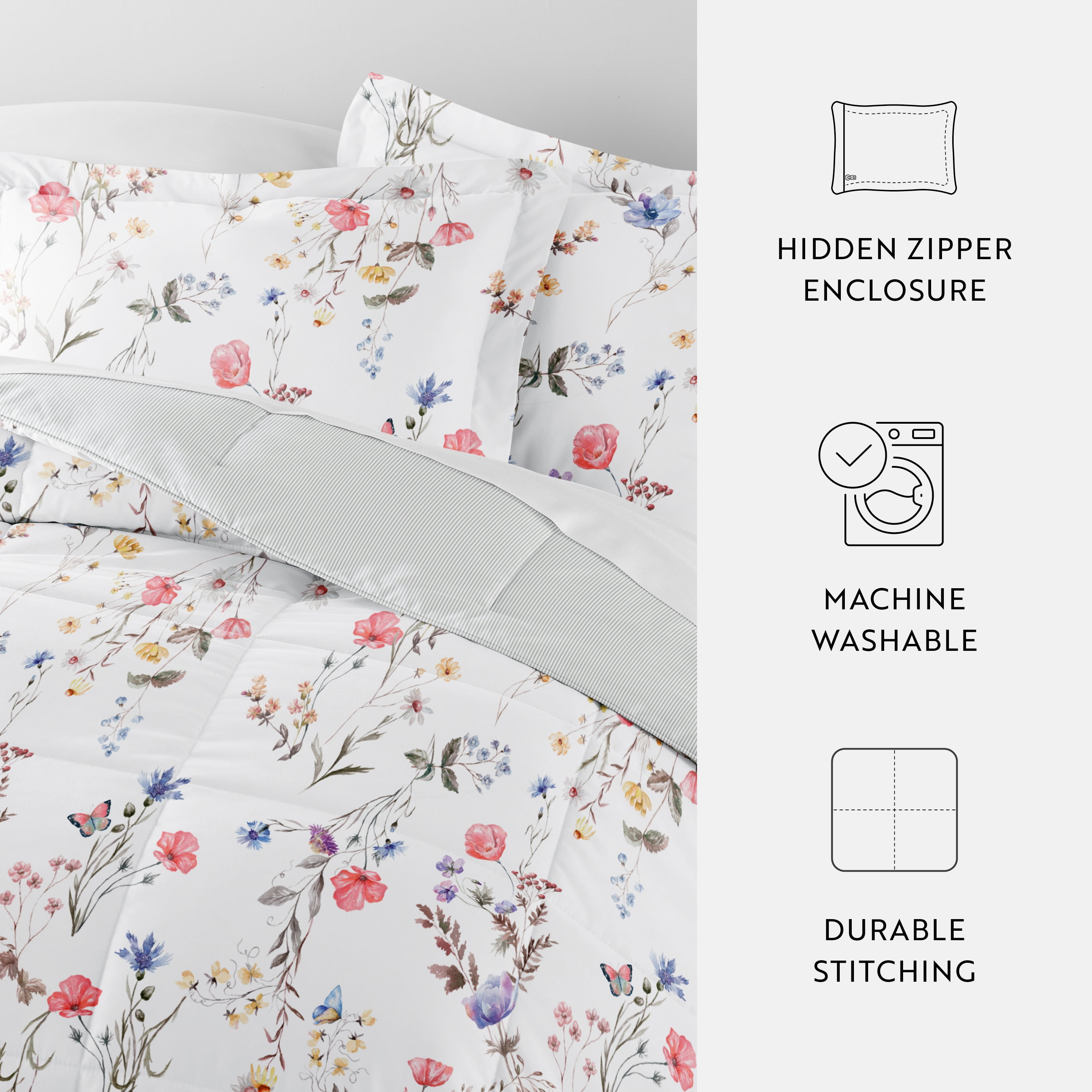 Noble Linens Down Alternative Meadow Floral Stripe Pink Reversible Comforter Set