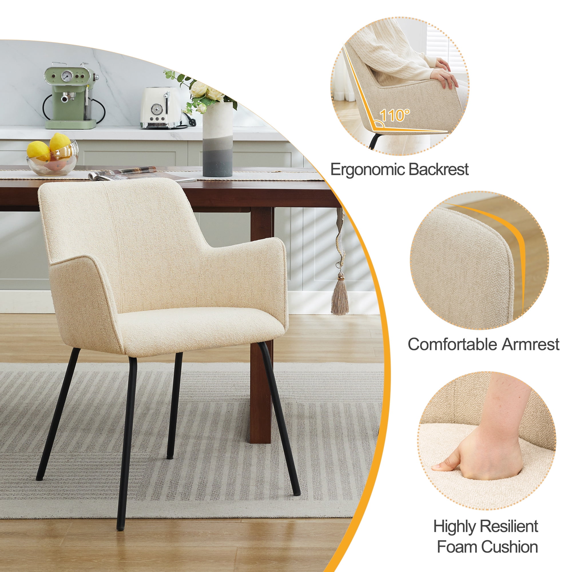Zesthouse Linen Fabric Dining Chairs Set of 2, Modern Upholstered Small Accent Arm Chairs with Black Legs, Mid Century Comfy Chairs for Living Dining Room, Beige