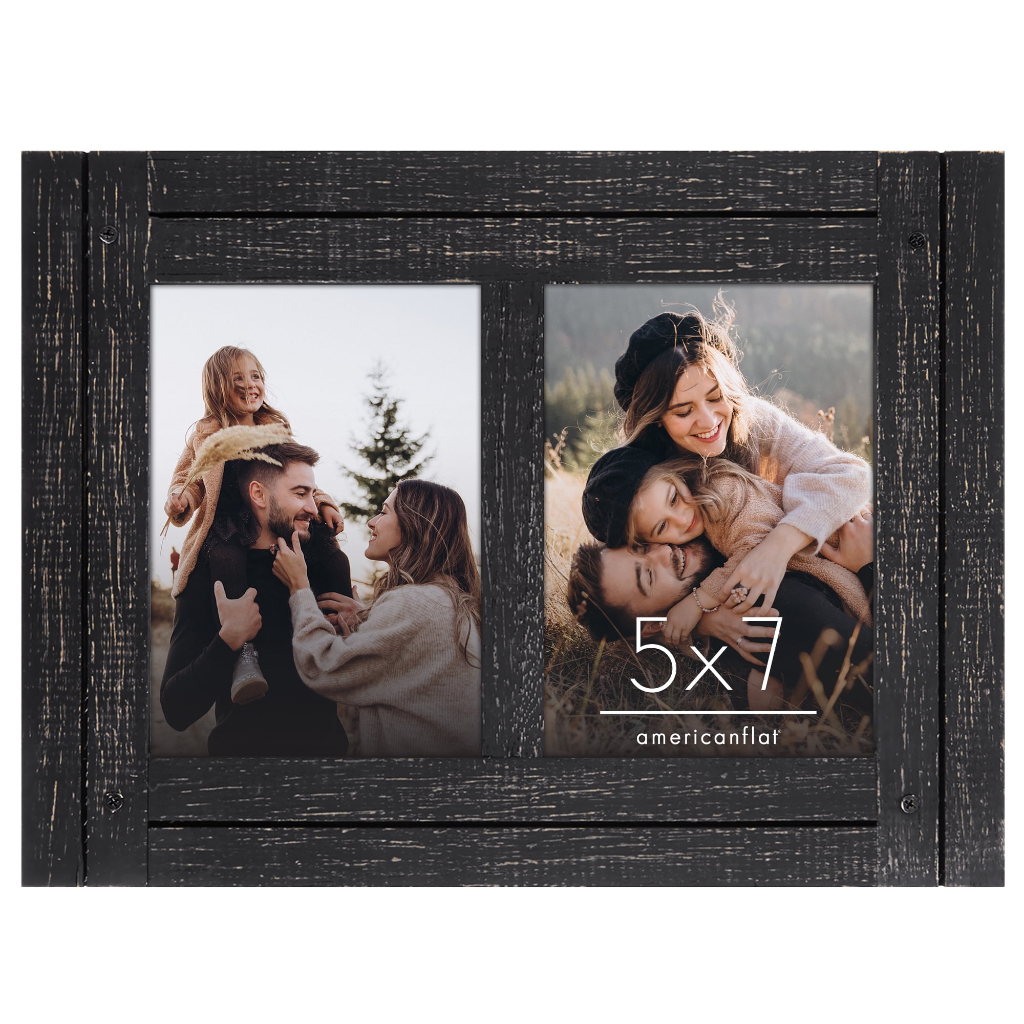 Americanflat 5x7 Hinge Frame Hinged Double Photo Openings Polished Glass Distressed Collage - Charcoal Black