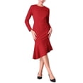 thumbnail image 2 of Vestido formal de cola de pez de manga larga y cuello redondo para mujer Inspire Chic con cinturón en color rojo vino, 2 of 5