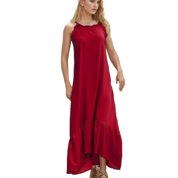 Gibobby Vestido de verano casual para mujer Vestido de tirantes anchos ligeros con cuello de encaje a la moda para mujer Color sólido transpirable suelto(Rojo,M)