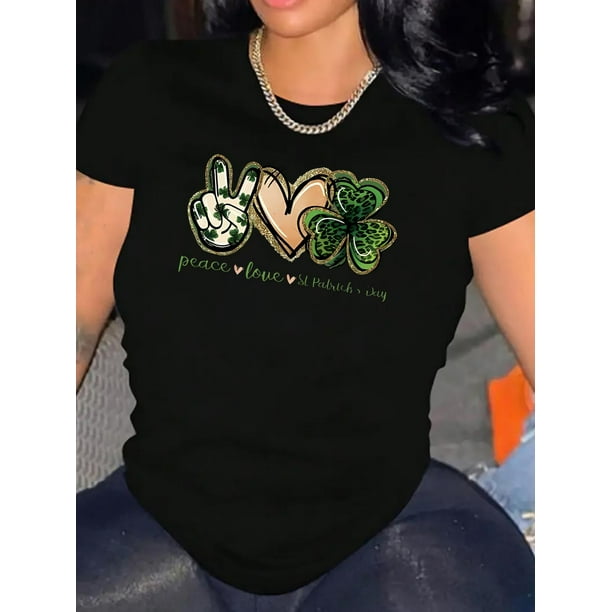 Camiseta De Mujer Camisetas Femeninas Verano Estampado De Ropa Casual Con Cuello Redondo1pc Women'S Casual Crew Neck T-Shirt with Peace Love St. Patrick'S Day Print, Polyester Knit Fabric, Medium St